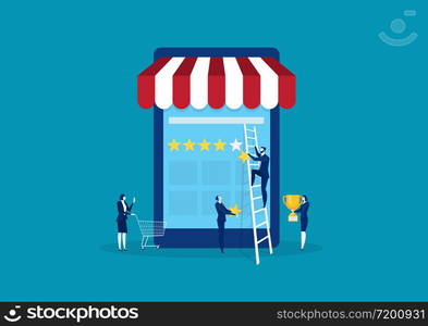 Businessman holding a gold star in hand, to give five. on shopping online smartphone vector.