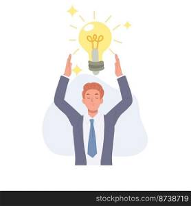 Businessman holding a large light bulbs in his hands. A big idea concept. Flat vector cartoon character illustration.