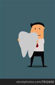 Businessman holding a large white tooth in front of him, for healthcare or dentistry theme, colored cartoon image. Businessman holding a large white tooth
