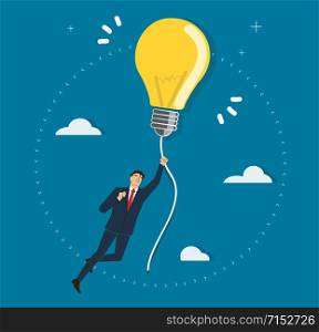 businessman holding a light bulb flying in the sky, creative concepts