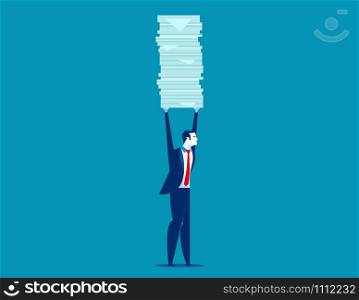 Businessman holding a lot of documents. Concept business vector illustration.