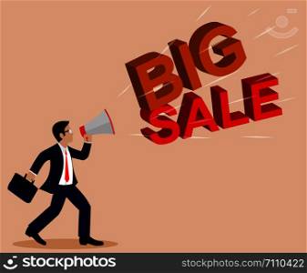 Businessman holding a megaphone. Announcement with BIG SALE Text. Commercial Promotion Poster. On a light brown background. cartoon. Vector illustrations