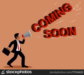 Businessman holding a megaphone. Announcement with COMING SOON Text. Commercial Promotion Poster. On a light brown background. cartoon. Vector illustrations