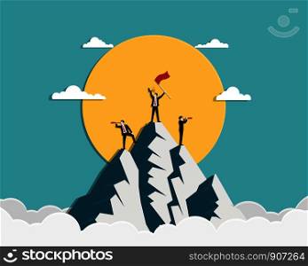 Businessman holding a red flag and gold trophy stand on top of mountain. Concept business financial success and growth professional. Achievement, Leadership, Teamwork, Vector illustration flat design