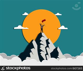 Businessman holding a red flag and gold trophy stand on top of mountain. Concept business financial success and growth professional. Achievement, Leadership, Vector illustration flat design