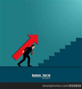 Businessman holding arrow up the stairs. Business concept growth and the path to success. Achievement, Startup, Vector illustration flat
