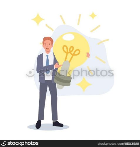 Businessman Holding Big Light Bulb . got a big idea to present concept. Vector illustration.