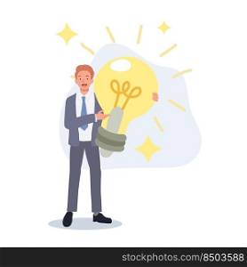 Businessman Holding Big Light Bulb . got a big idea to present concept. Vector illustration.