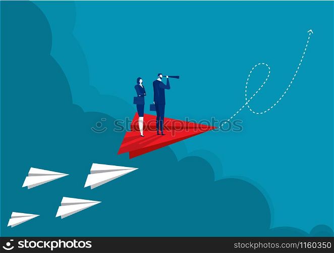 businessman holding binocular and paper plane white flying on sky between cloud. to the target vector illustration