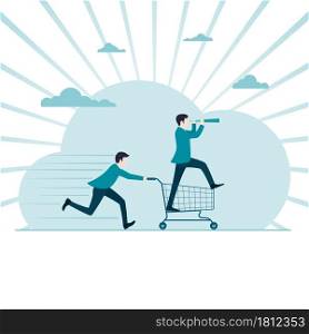 Businessman holding binocular inside of shopping cart and the second guy pushing his. Business concept of market and investment. Vector illustration flat