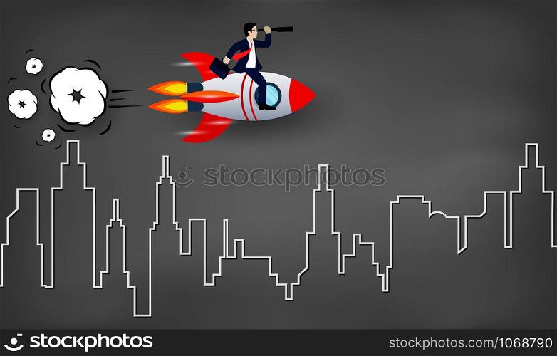 Businessman holding binocular sitting on the space shuttle launches into the sky on background blackboard. go to for higher business success goal. creative idea. vector illustration