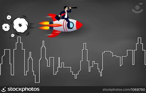 Businessman holding binocular sitting on the space shuttle launches into the sky on background blackboard. go to for higher business success goal. creative idea. vector illustration
