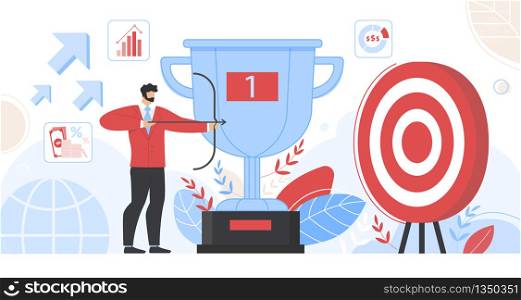 Businessman Holding Bow Aiming Arrow to Target Board on Winner Goblet Background, Opportunity, Challenge, Task Solution, Business Strategy Metaphor, Goals Achievements Cartoon Flat Vector Illustration. Businessman Hold Bow Aiming Arrow to Target Board