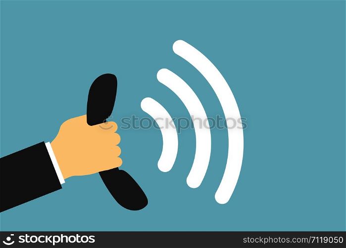 Businessman holding calling telephone. Vector isolated illustration. Office business concept. Phone call telephone receiver icon vector illustration. EPS 10. Businessman holding calling telephone. Vector isolated illustration. Office business concept. Phone call telephone receiver icon vector illustration.