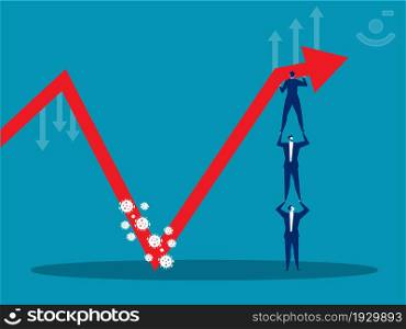 Businessman holding chart equity price move up from permitted unlocking after from COVID-19 virus be defeated stock market concept vector illustrator.