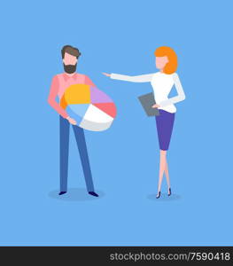 Businessman holding diagram, manager standing with paper. Teamwork report, data analysis and corporate strategy, circle chart, flat view vector. Teamwork Report, Diagram or Circle Chart Vector