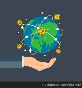 Businessman holding earth globe,Libra coin concept growth chart hand holding,bitcoin spin around the world.vector illustration