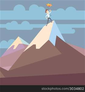 Businessman holding flag on mountain peak success business concept flat vector illustration. Businessman holding flag on mountain peak success business concept flat vector illustration. Business victory and triumph