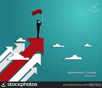 Businessman holding flag standing on red arrow up go to success in career. Concept business, Achievement, Character, Leader, Vector illustration flat