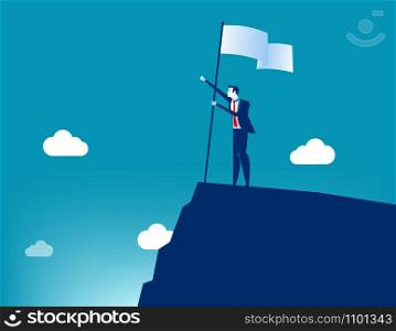 Businessman holding flat and standing on top mountain. Concept business vector illustration.. Businessman holding flat and standing on top mountain. Concept business vector illustration.