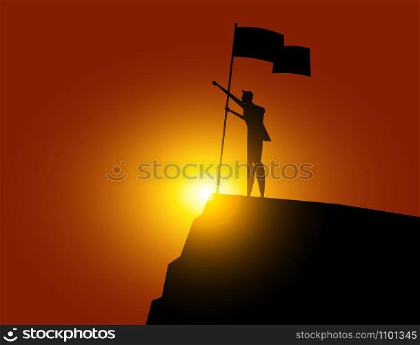 Businessman holding flat and standing on top mountain. Concept business vector illustration.