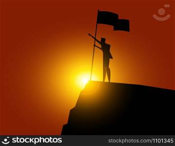 Businessman holding flat and standing on top mountain. Concept business vector illustration.