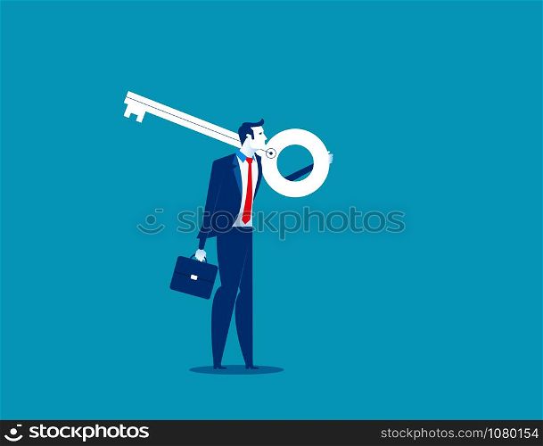 Businessman holding giant key on shoulder. Concept business vector illustration.