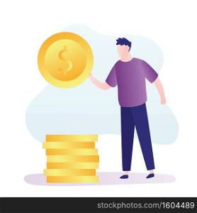Businessman holding gold coin. Stack of coins, reward concept. Man employee with salary. Male character in trendy style. Investor or entrepreneur with profit. Flat vector illustration