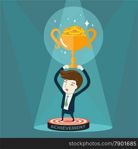 Businessman holding golden trophy. Vector cartoon for success concept.&#xA;&#xA;