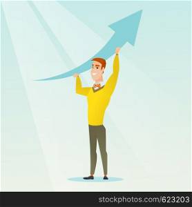 Businessman holding graph going up. Successful businessman with growth graph. Caucasian businessman changing the path of graph to a positive increase. Vector flat design illustration. Square layout. Businessman holding graph going up.