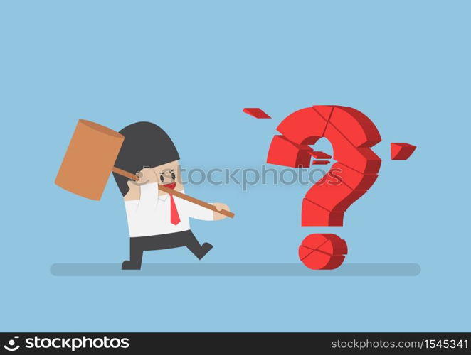 Businessman holding hammer breaking red question mark, VECTOR, EPS10