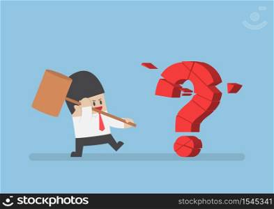 Businessman holding hammer breaking red question mark, VECTOR, EPS10