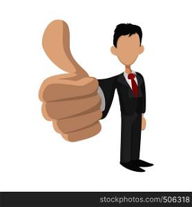 Businessman holding his thumbs up icon in cartoon style on a white background. Businessman holding his thumbs up icon