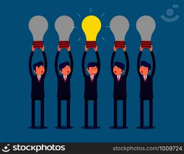 Businessman holding idea light bulbs above his head. Concept business creative ideas vector illustration.