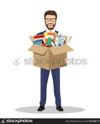 Businessman holding in a cardboard box office accessories. Vector illustration in flat style. Businessman holding in a cardboard box