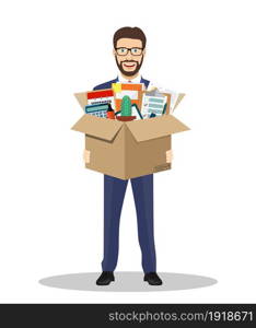 Businessman holding in a cardboard box office accessories. Vector illustration in flat style. Businessman holding in a cardboard box