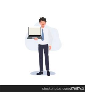 businessman holding laptop. Flat vector cartoon illustration