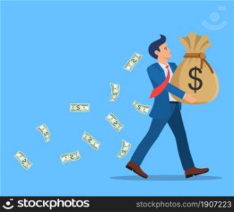 Businessman holding large bag full of money. Businessman with big heavy sack full of cash. Growth, income, savings, investment. Symbol of wealth. Business success. Vector illustration in flat style.. Businessman holding large bag full of money.