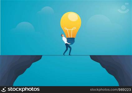 businessman holding lightbulb and cross the mountain. ceative concept vector illustration EPS10