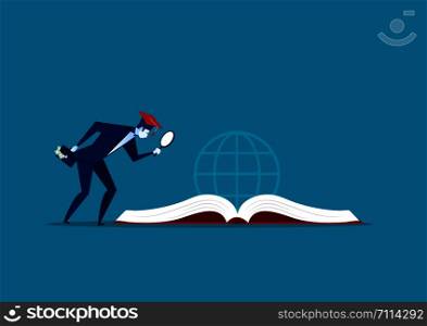 businessman holding magnifying glass for education investment on big book concept vector Illustration