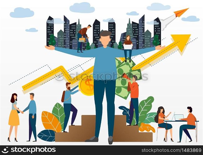 businessman holding modern city building skyscraper on shoulders real estate agent concept. Humans are building cities on their shoulders. Concept of creating the world of humanity.