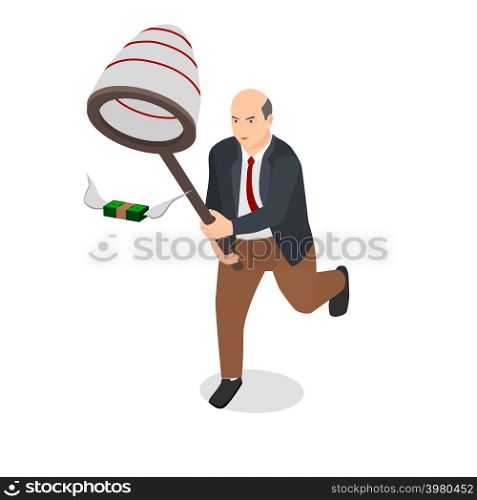 Businessman holding net catch money with wings.