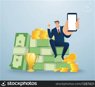 Businessman holding out hand to show blank smartphone screen sitting on money and coins. Finance success, money wealth concept vector illustration EPS10