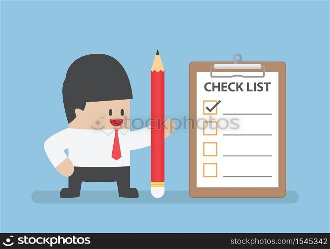 Businessman holding pencil with clipboard and checklist, VECTOR, EPS10