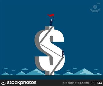 Businessman holding pennant and standing on the top dollar sign. Concept business vector.