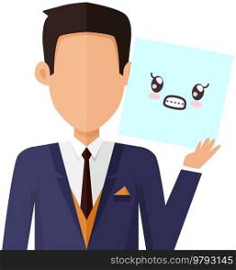 Businessman holding picture of cute kawaii worrying face. Manga style eyes and mouths. Funny japanese facial expression. Eastern kawaii anime culture elements. Male character shows frightened emotion. Businessman holding picture of cute kawaii worrying face. Male character shows frightened emotion