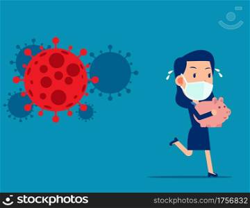 Businessman holding piggy bank running away for COVID - 19. Stock market panic sell from coronavirus pathogen