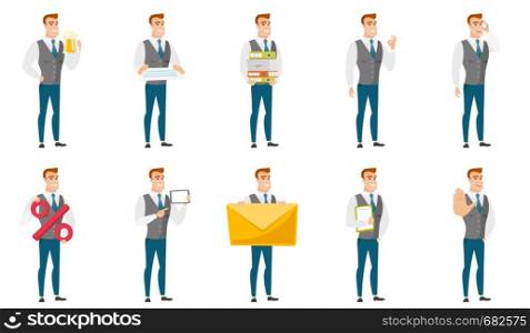 Businessman holding pile of folders and papers. Full length of businessman with folders. Young businessman with folders and files. Set of vector flat design illustrations isolated on white background.. Vector set of illustrations with business people.