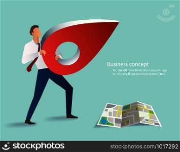 businessman holding pin icon, red location icon with map vector illustrations