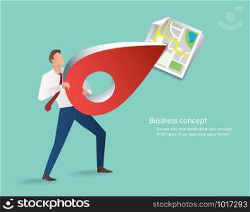 businessman holding pin icon, red location icon with map vector illustrations